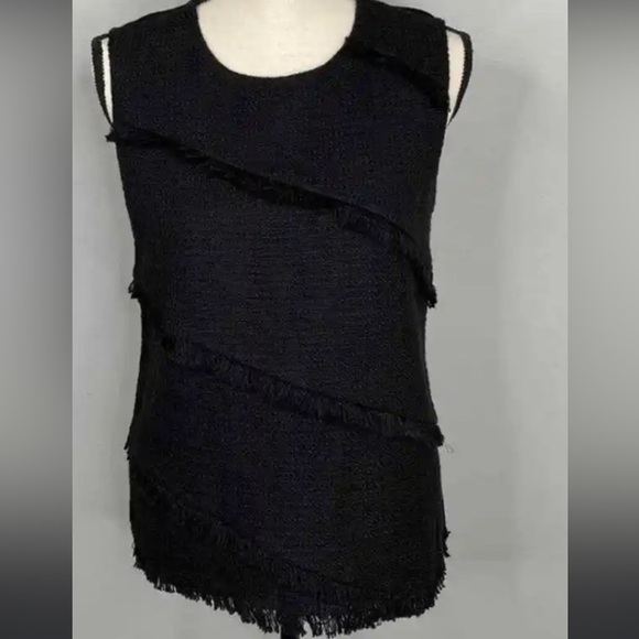 Ann Taylor textured fringe detailing sleeveless round neckline black top blouse - Picture 9 of 11